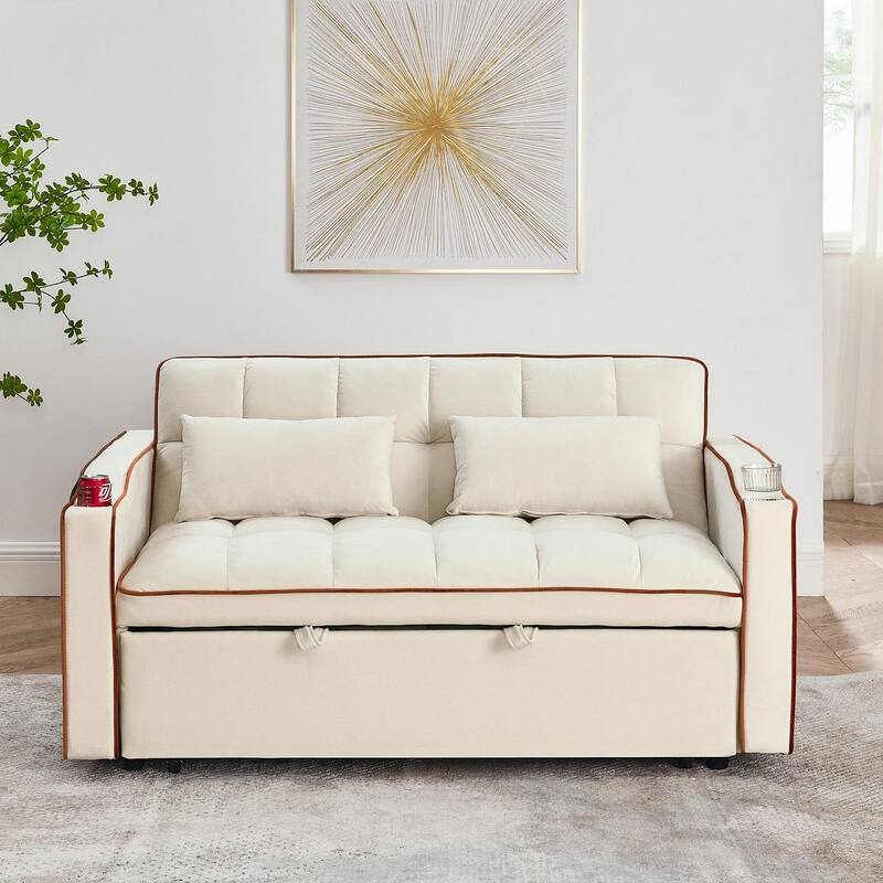 55.51'' Modern Versatile Foldable Sofa Bed With Adjustable Back and USB Port and Ashtray and Swivel Phone Stand