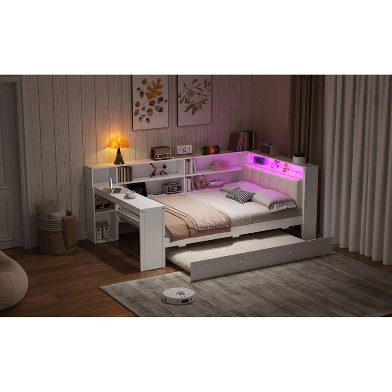 Roomfitters Twin/Full Platform Bed with Trundle, LED Headboard, Charging Station and Storage