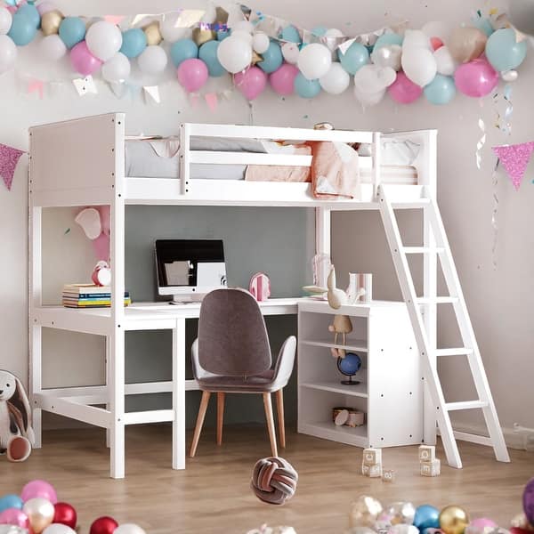 slide 2 of 27, Twin Size Wooden Loft Bed With Shelves and Desk for Home White