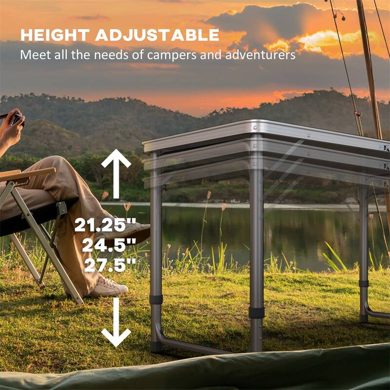 Lightweight Portable Folding Picnic Table with Three Height Settings and Aluminum Frame