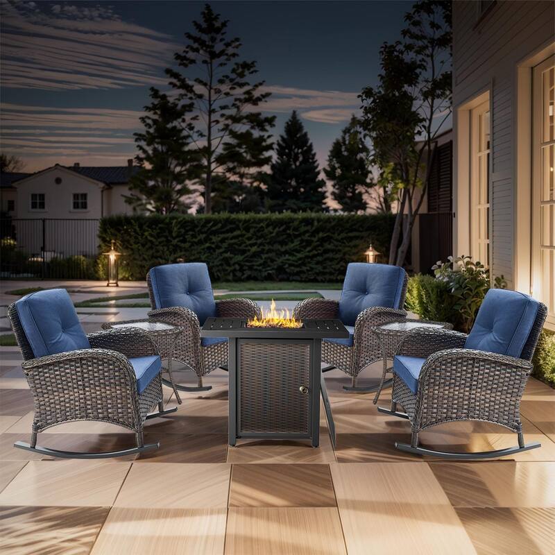 Outdoor Chairs with Fire Pit Table Set - Brwon Wicker Blue Cushion - 7PCS Rocker Chair Table w/ Fire Table