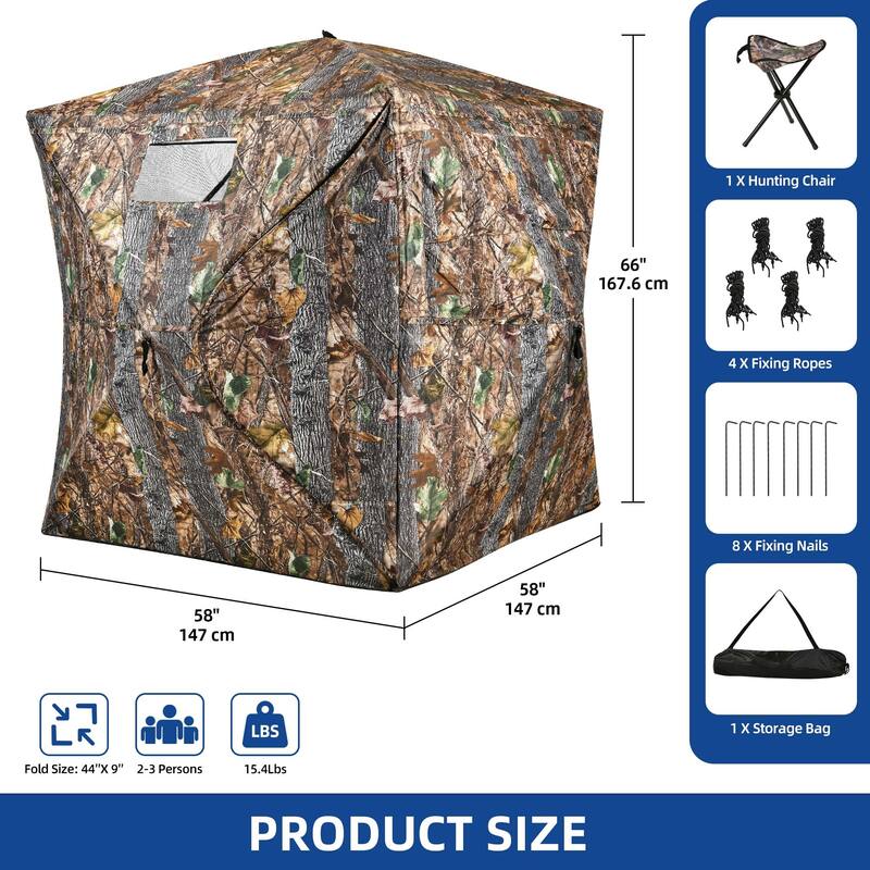 Moasis Hunting Blind 2-3 Person with Hunting Stool, 360 Degree See Through Pop up Ground Blinds for Hunting