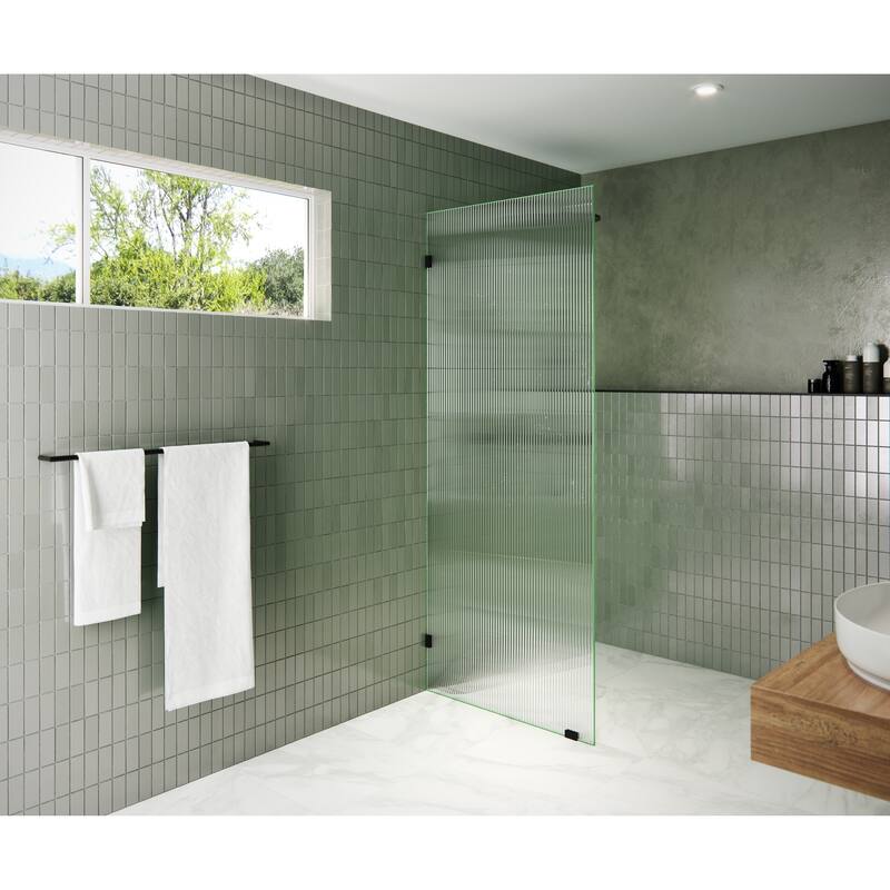 Glass Warehouse 32" x 78" Frameless Shower Door - Single Fixed Panel Fluted Frosted - Matte Black