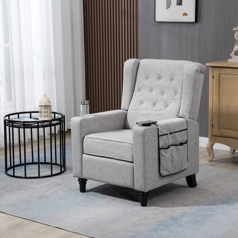 Linen Fabric Wingback Push Back Recliner Chair with 2 Hidden UBS Ports