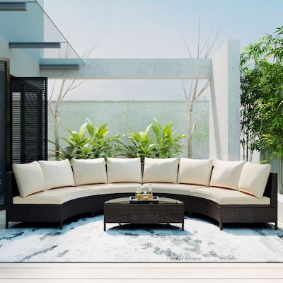 5 Pieces All-Weather Brown PE Rattan Wicker Sofa Set Outdoor Patio Sectional Furniture Set Half-Moon Sofa Set
