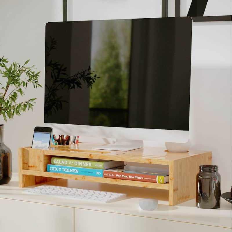 Wood Computer Monitor Stand Desktop Organizer with Drawer