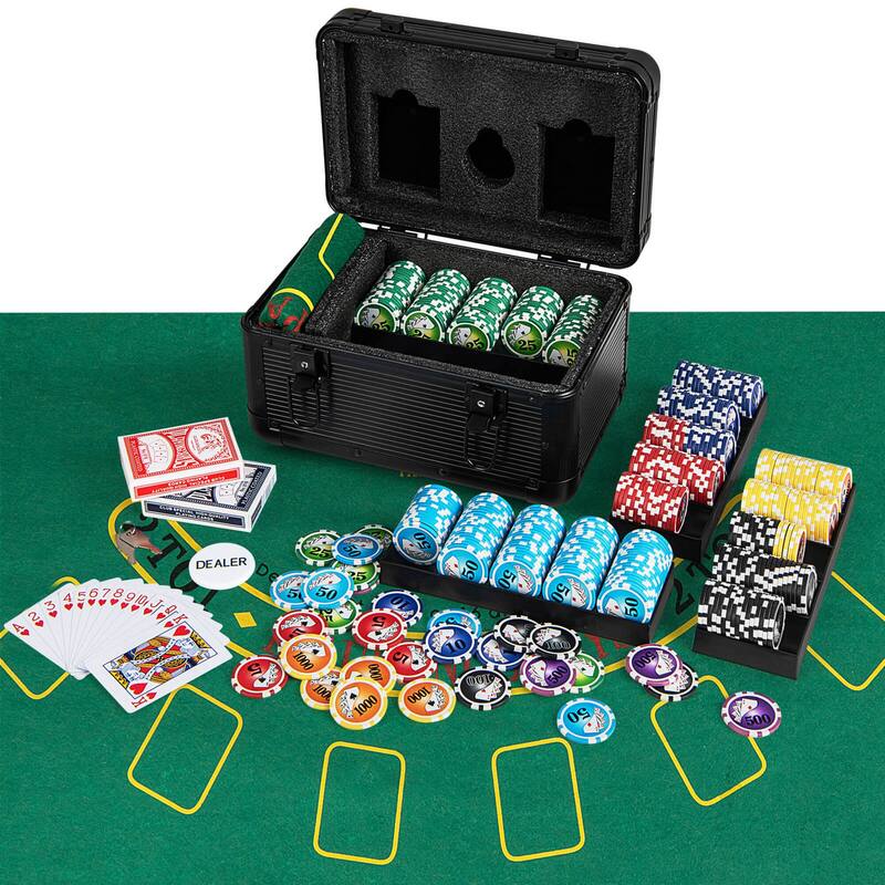 Costway Texas Holdem Poker Chip Set with 600 Pieces Chips 2 Deck of - See Details - Black