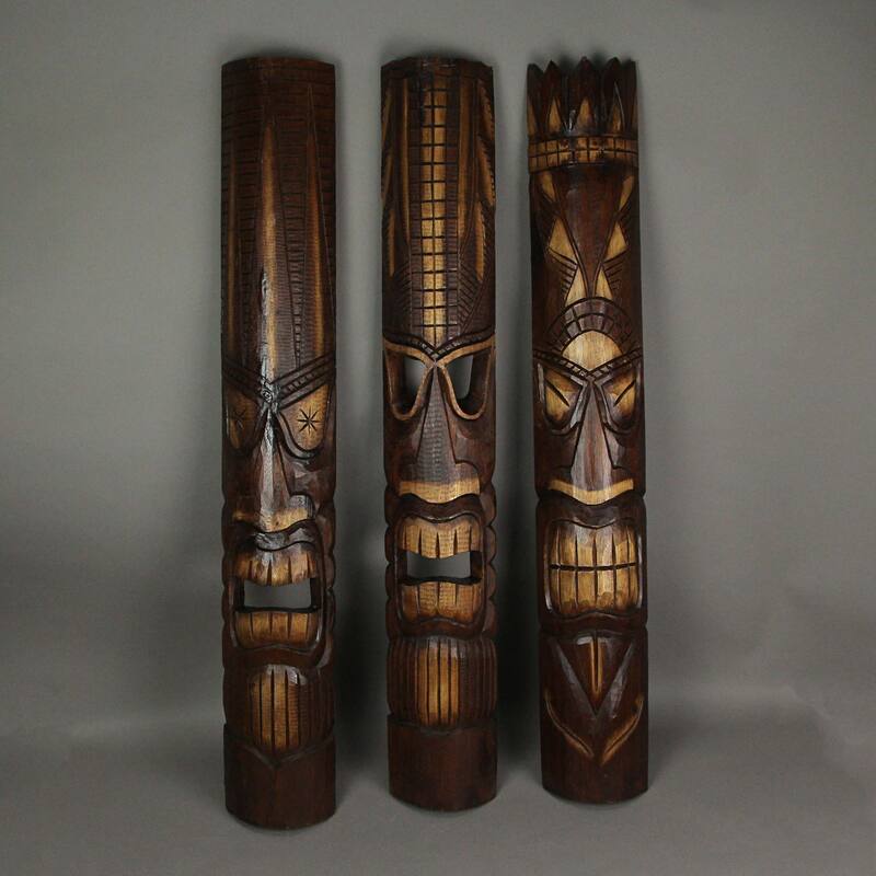 Zeckos 40 Inch Carved Wood Hawaiian Tiki God Masks (Set Of 3)