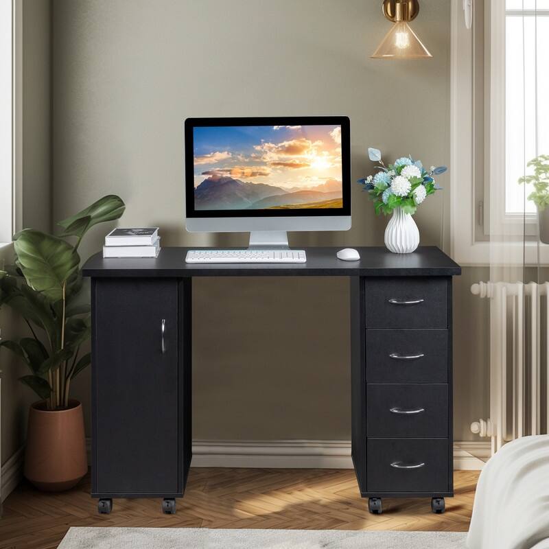 Double Edged Manicure Nail Table Computer Desk with Drawer - Black