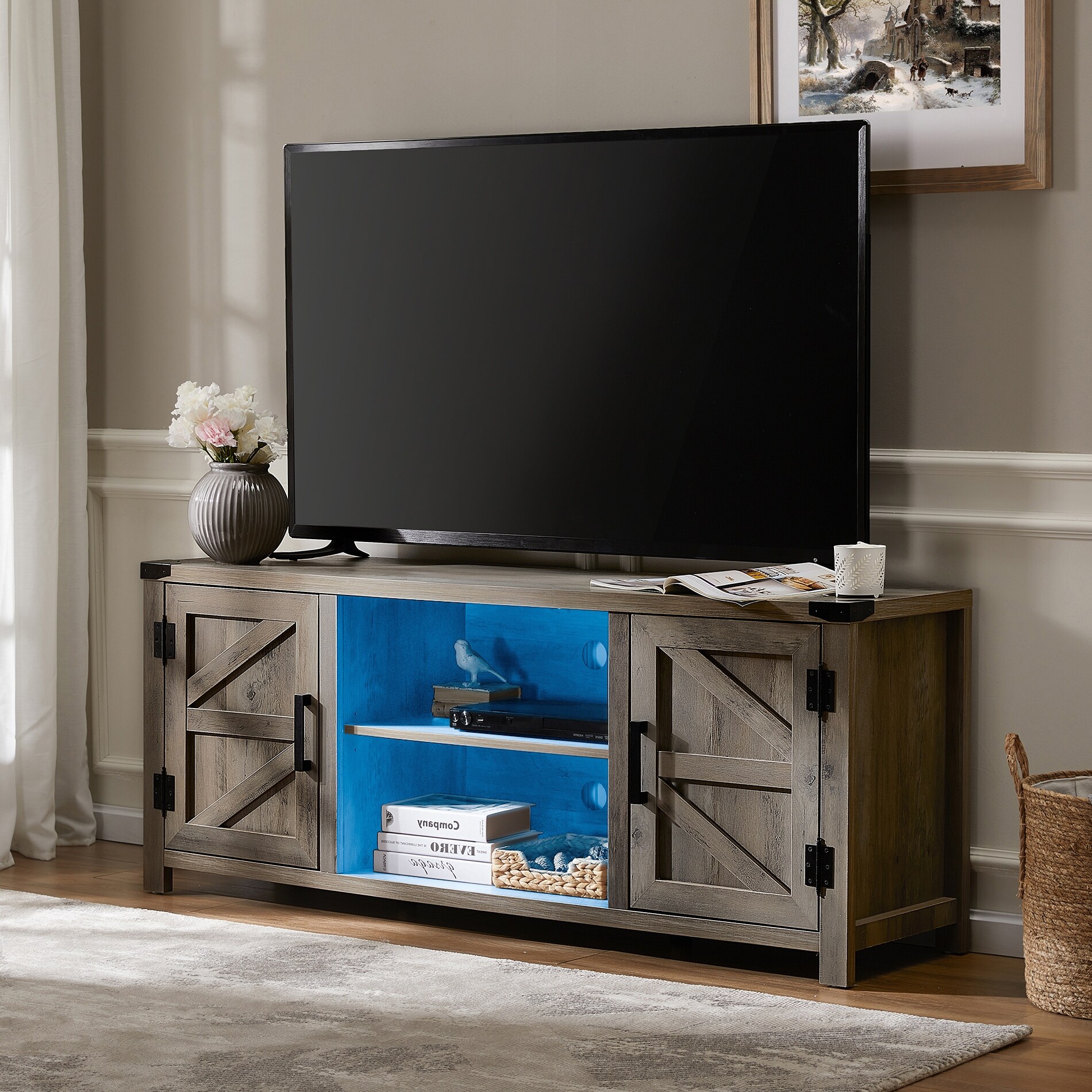 Details about   70" Farmhouse Wood TV Stand with Glass Doors 