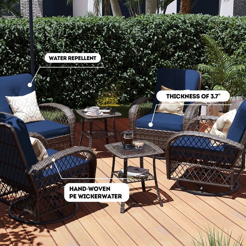 Patio Watcher 6-Piece Brown Wicker 360-Degree Patio Conversation Outdoor Rocking Chair Set with Cushions