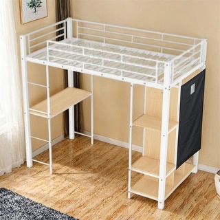 Twin Size Metal Loft Bed with Built-in Wardrobe,Desk and Shelves