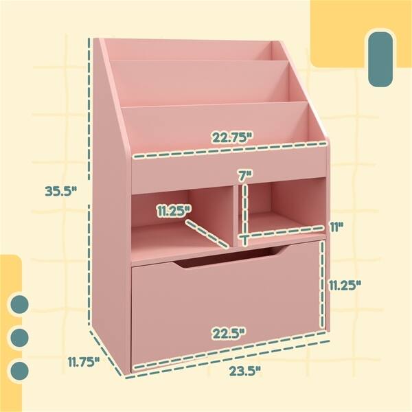 dimension image slide 3 of 5, 3-Tier Kids Book Shelf Cabinet with 2 Storage Compartment and Large Drawer - 23.5" W x 11.75" D x 35.5" H