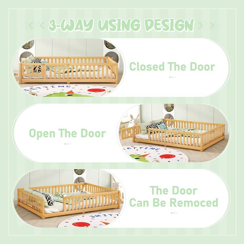Natural Queen Size Pine Wood Floor Bed with Safety Guardrails and Door for Kids, Boys, Girls, Bedroom
