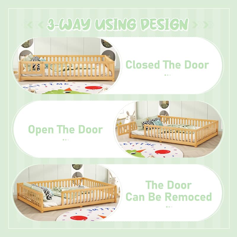 Wooden Floor Bed Frame with Safety Fence and Door, Removed Slat Design