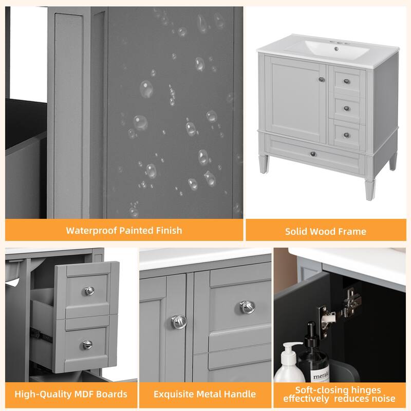 Bathroom Vanity with Ceramic Sink, Modern Bathroom Storage Cabinet with Side Door Organizer and 3 Different Sizes Drawers