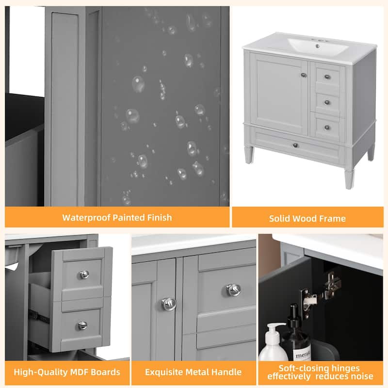 Roomfitters 30" Vanity with Ceramic Sink, Solid Wood Frame Bathroom Cabinet with 3 Drawers, Modern Storage Design