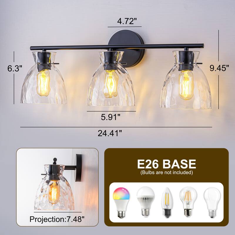 Starsky 3-Lights Modern Dimmable Hammered Glass Bathroom Vanity Light