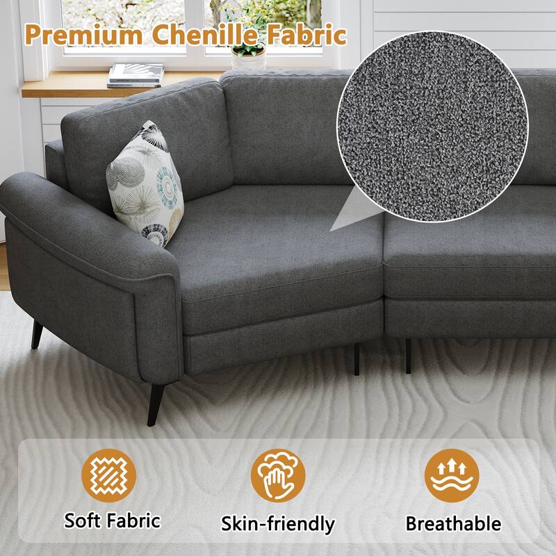 111" Chenille 3-seater Curved Sofa with Two Printed Pillows, Dark Gray