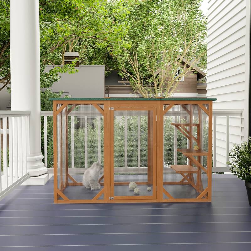 PawHut Outdoor Cat House, Catio Wooden Feral Cat Shelter, Large Enter Door, Weather Protection Asphalt Roof - Orange