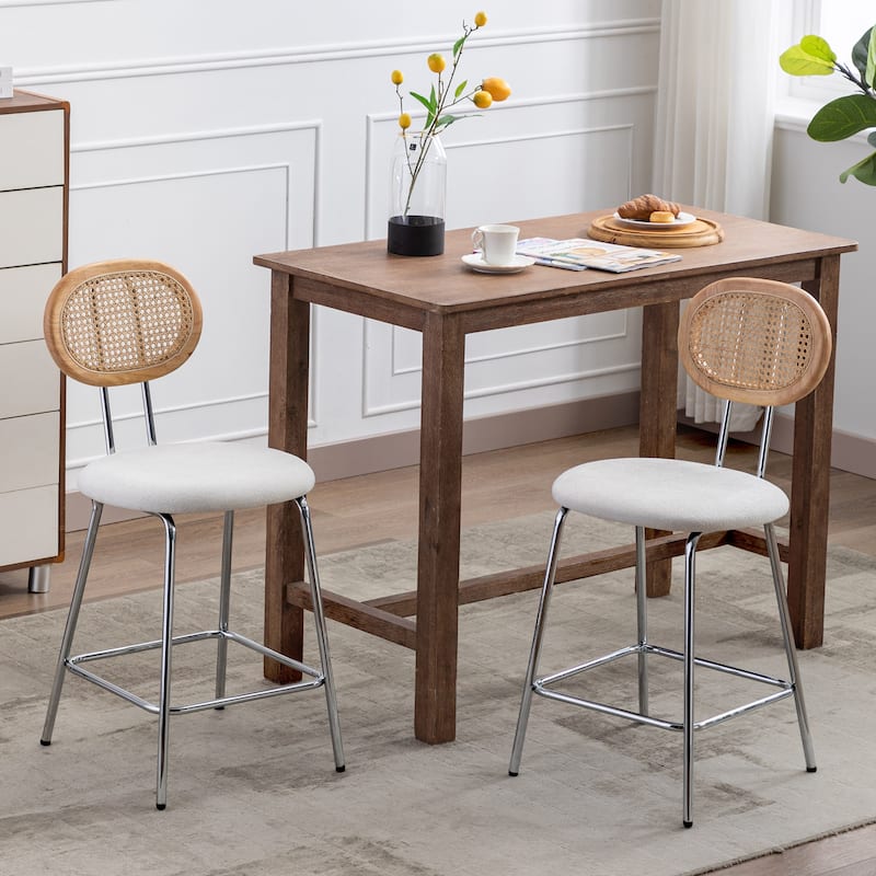 Fabric Rattan Back Dining Chairs Counter Stools with Metal Legs - Counter Chairs - White