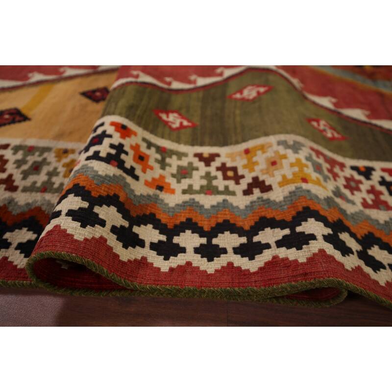 Vegetable Dye Orange Kilim Qashqai Persian Antique Wool Carpet - 4'4"x 10'10"