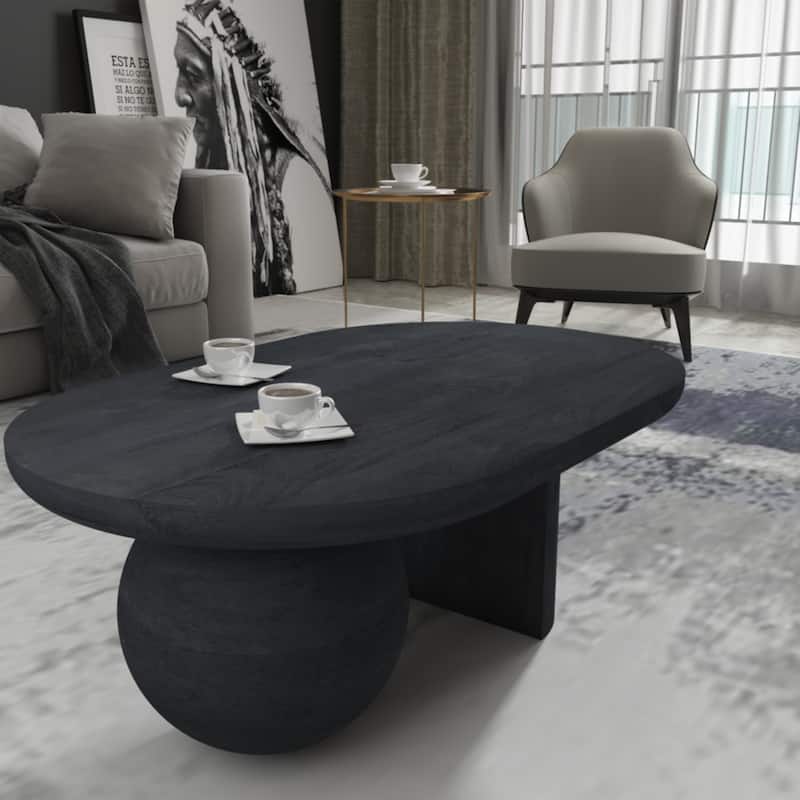 38 Inch Coffee Table, Oblong Mango Wood Top with a Modern Ball Leg