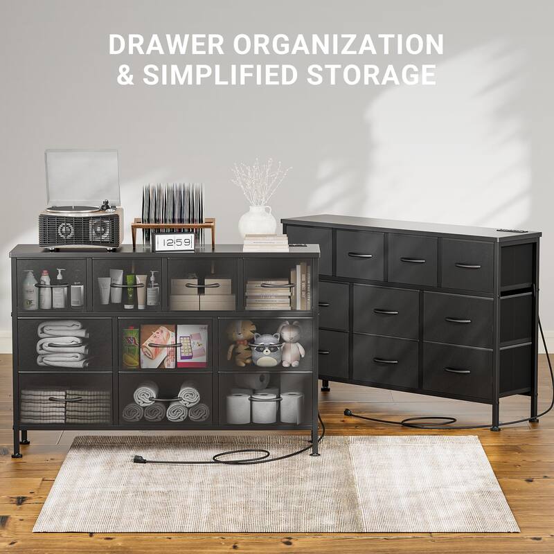 10 Drawer Dresser Fabric 43.3" TV Stand Power Outlet Chest of Drawers