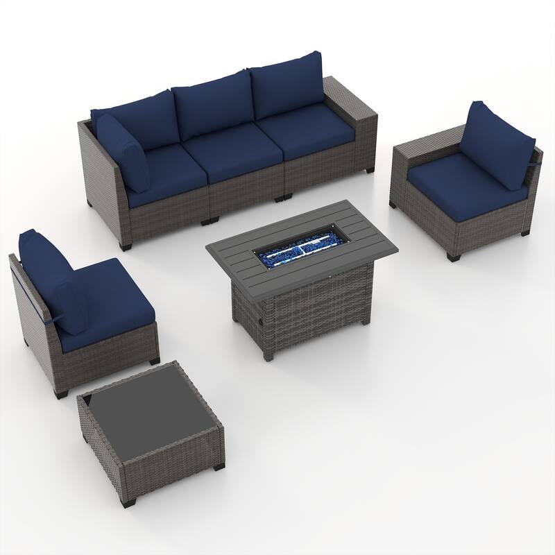 7-Piece 5 Person Patio Free Combination Wicker Conversation Set With Waterproof Cushions and Firepit Table