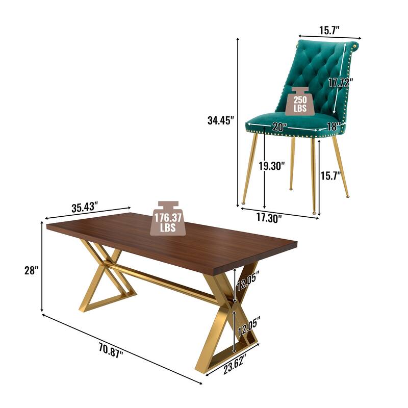7-Piece Clihome Walut Wood Dining Table with Velvet Chair Dining Chair