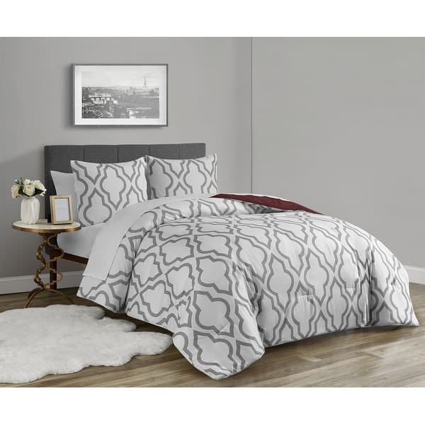 Geo Burgundy Reversible 3 piece comforter set On Sale Bed Bath