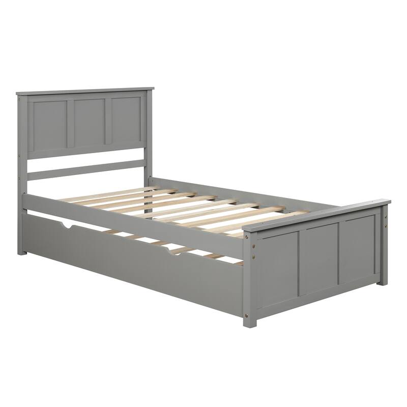 Gray Twin Platform Bed with Trundle, Solid Wood and MDF Frame, Space-Saving Design