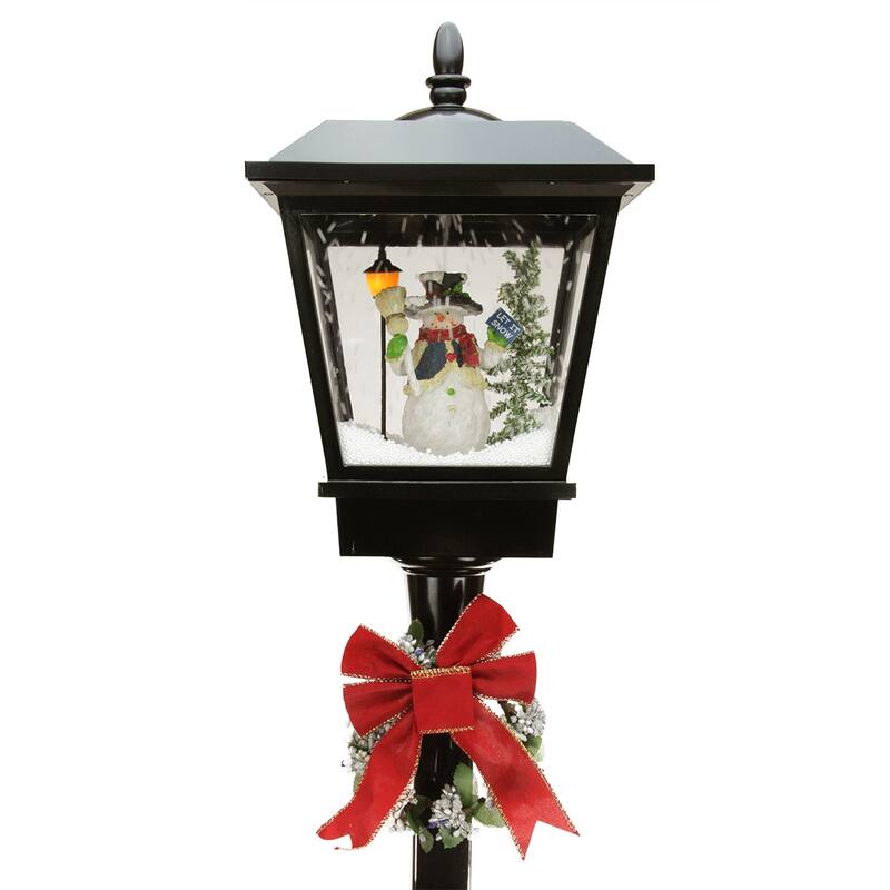 70.75" Black Lighted Musical Snowman Vertical Snowing Christmas Street Lamp