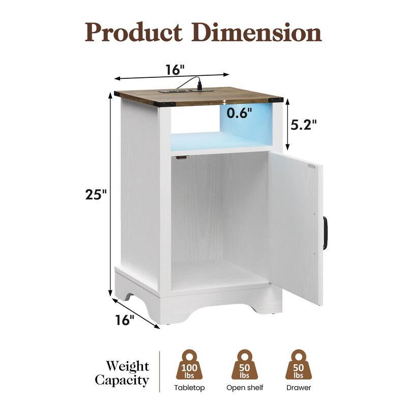 Farmhouse Nightstand Set of 2 With LED Lights and Charging Station