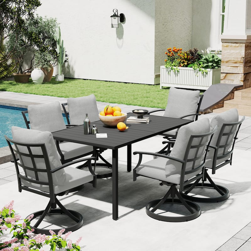 IvyGlow 7-Piece Black Metal Patio Dining Set with Rectangular Table, 6 Swivel Dining Chairs and Gray Cushions - Grey