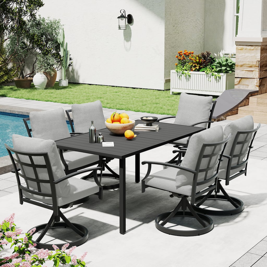 IvyGlow 7-Piece Black Metal Patio Dining Set with Rectangular Table, 6 Swivel Dining Chairs and Gray Cushions