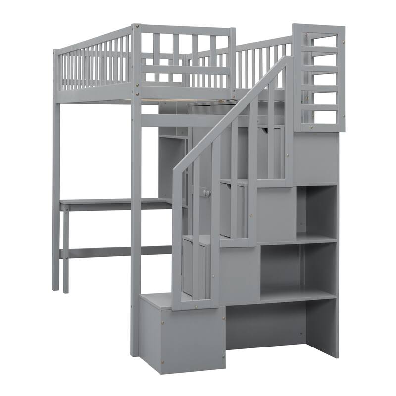 Gray Twin Size Loft Bed with Storage Stairs, Desk and Wardrobe, Stairway High LoftBed with Bookshelf & Drawers, Wooden Bedframe