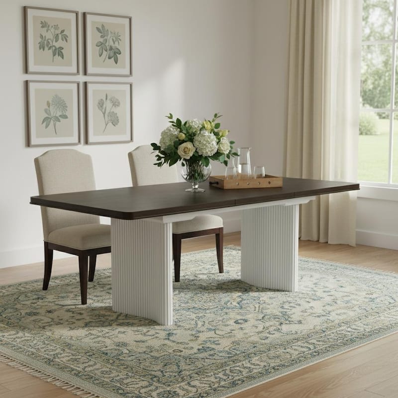 HomeRoots 78" Walnut and White Wood Removable Leaf Double Pedestal Base Extendable Dining Table - Walnut/White - 78.00 in. x 30.00 in.  x 40.00 in.