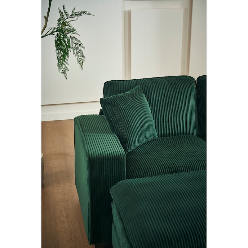 Green 118.1'' Luxurious U-Shaped 6-Seat Sectional Sofa with Ottoman and 3 Throw Pillows, Durable Corduroy Upholstery