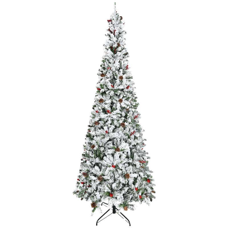 HOMCOM Snow Flocked Pencil Christmas Tree - Realistic Pine Branches, Pine Cones, Red Berries, Auto Open - Green