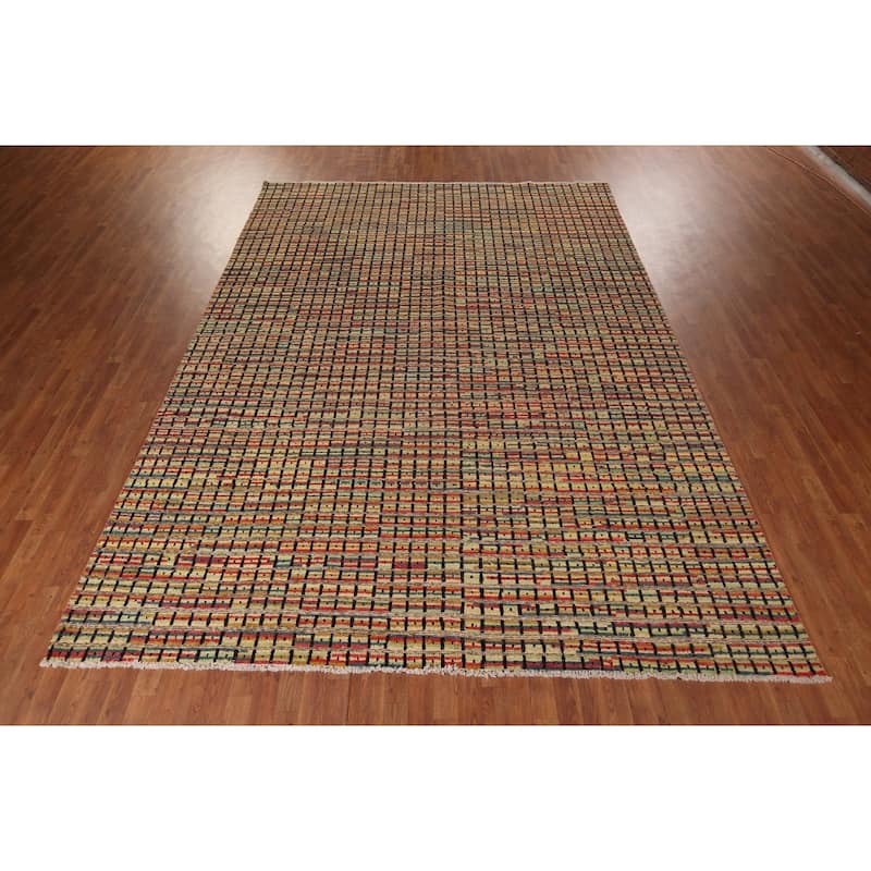 Colorful Checkered Moroccan Modern Area Rug Hand-Knotted Wool Carpet - 9'0"x 12'4"