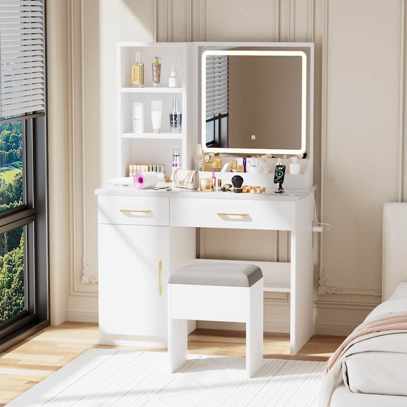Makeup Vanity Desk with Power Outlet & 3 Lighting Modes - White