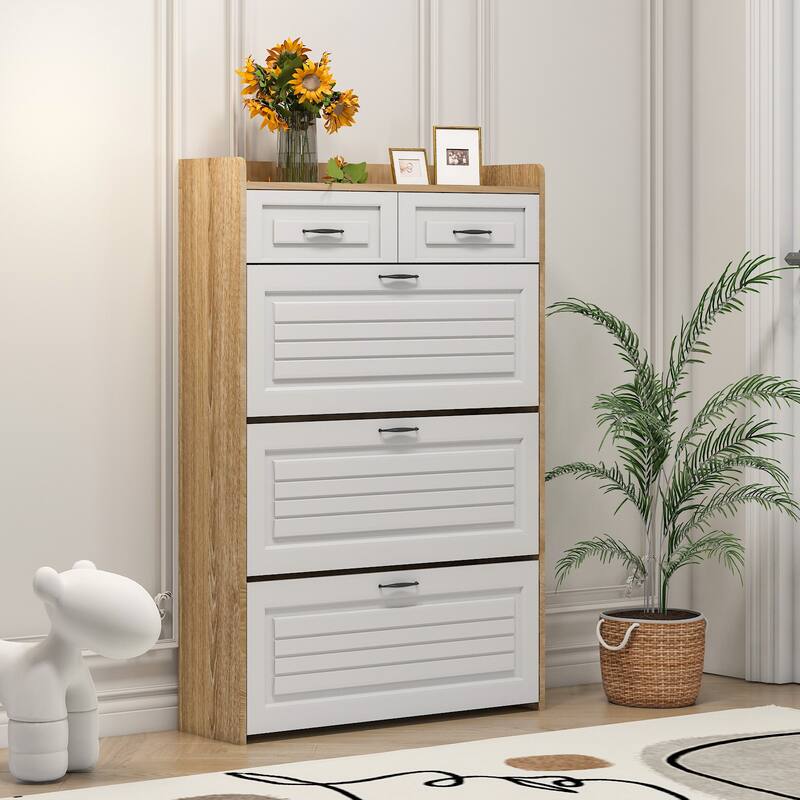 Shoe Cabinet for Entryway, Narrow Shoe Rack Storage Organizer with 2 Flip Drawers and Adjustable Shelves for 10 Pairs of Shoes - White