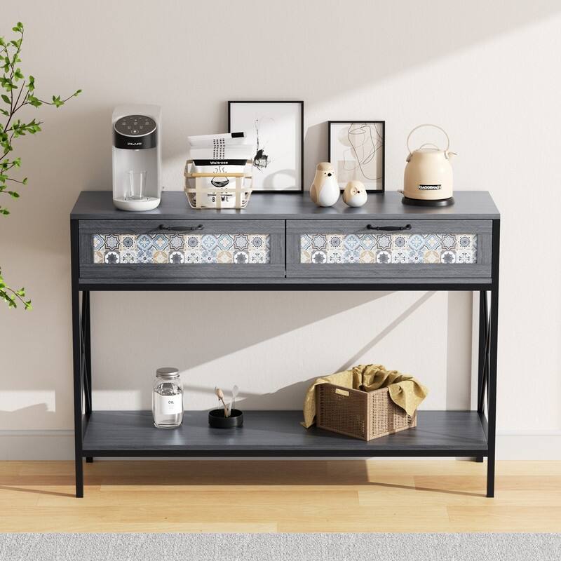 Mixoy 46" Console Table with Drawers,Rustic Vintage Hallway Sofa Table with Shelf,Narrow Long Entryway Table - 46in*13in*31in - Grey