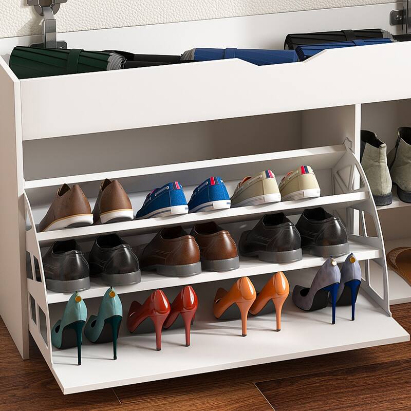 Entryway Bench with Rotating Shoe Storage, Lift-Top Cabinet & 3-Tier Flip-Up Drawers, Space-Saving Organizer for Hallway