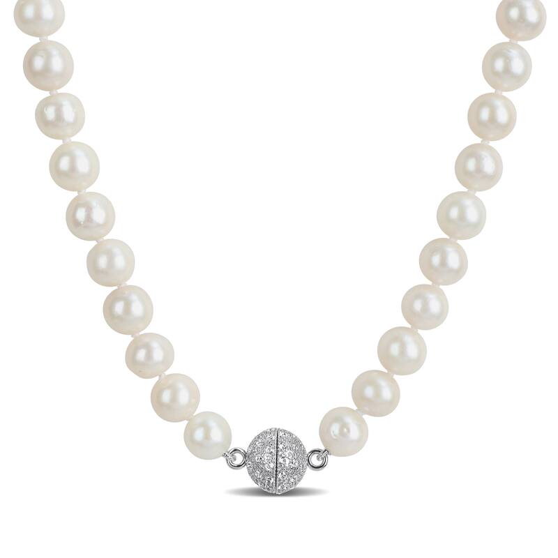 Miadora Cultured Freshwater Edison Pearl Necklace 1/2ct TGW Created White Sapphire in Sterling Silver