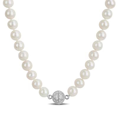 Miadora Cultured Freshwater Edison Pearl Necklace 1/2ct TGW Created White Sapphire in Sterling Silver