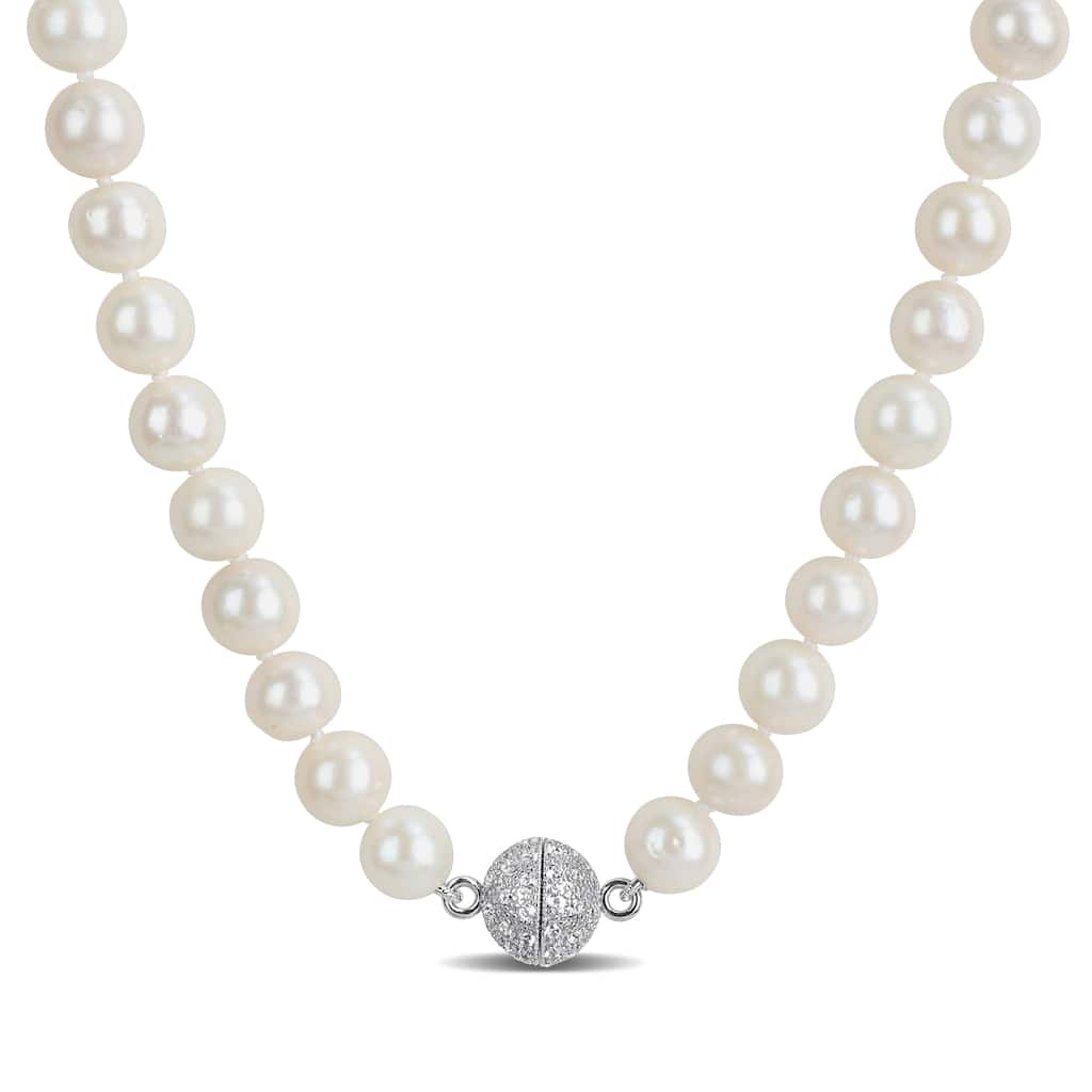 Miadora Cultured Freshwater Edison Pearl Necklace 1/2ct TGW Created White Sapphire in Sterling Silver