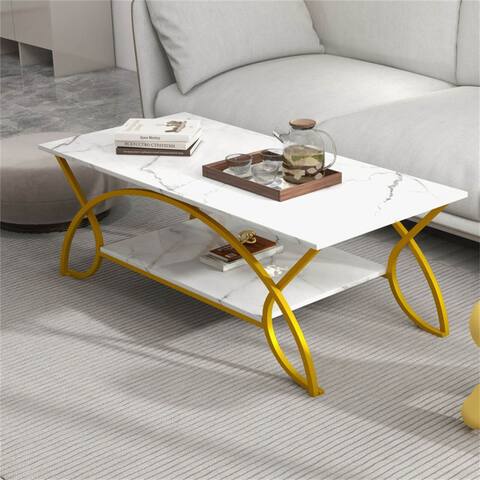 2-Tier Faux Marble Coffee Table with Metal Frame
