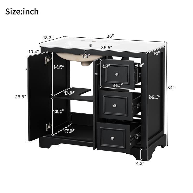 36" Transitional Bathroom Vanity with Ceramic Sink - 2 Soft-Close Doors, 3 Drawers (1 Divided), U-Shaped Shelf, Painted Finish